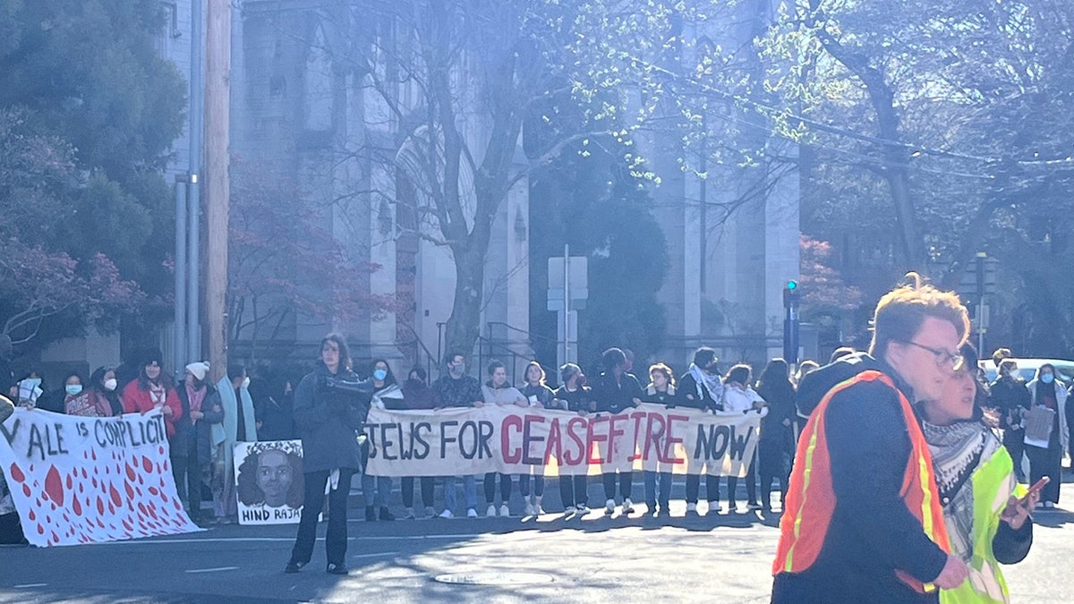 Anti-Israel agitators block roadways outside of Yale University in New Haven