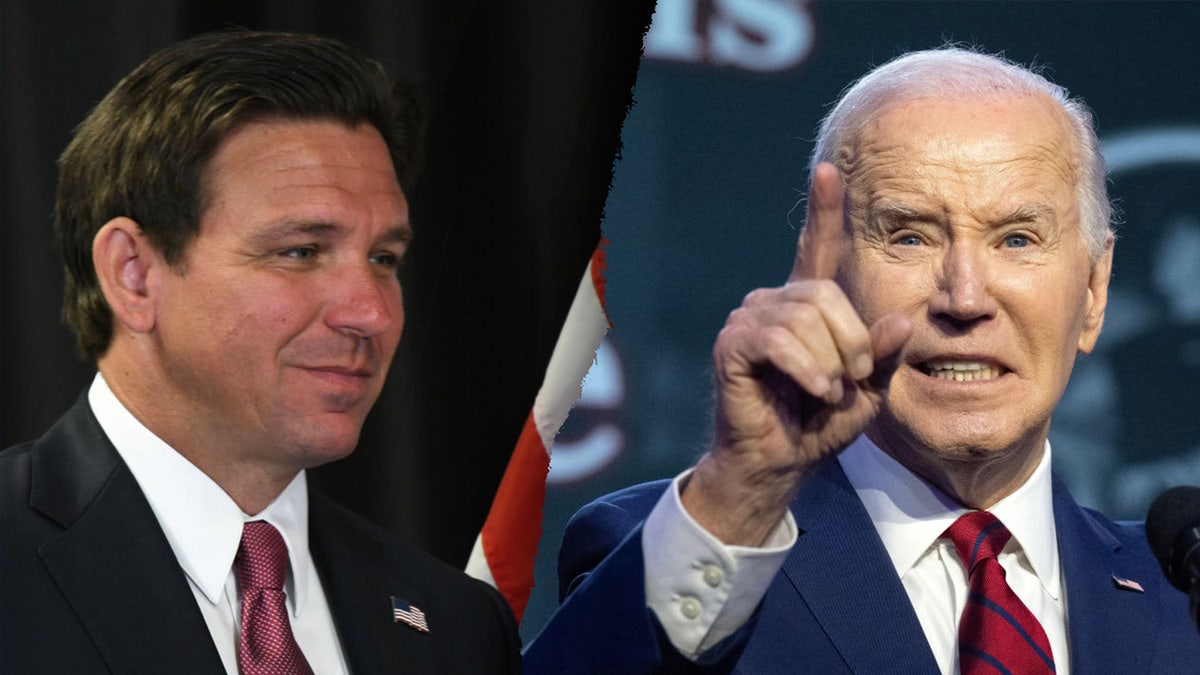 Split image of Gov. Ron DeSantis and President Biden