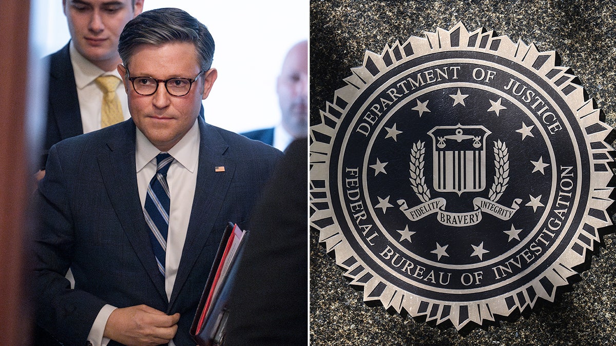 A split image of Speaker Mike Johnson and the FBI headquarters logo