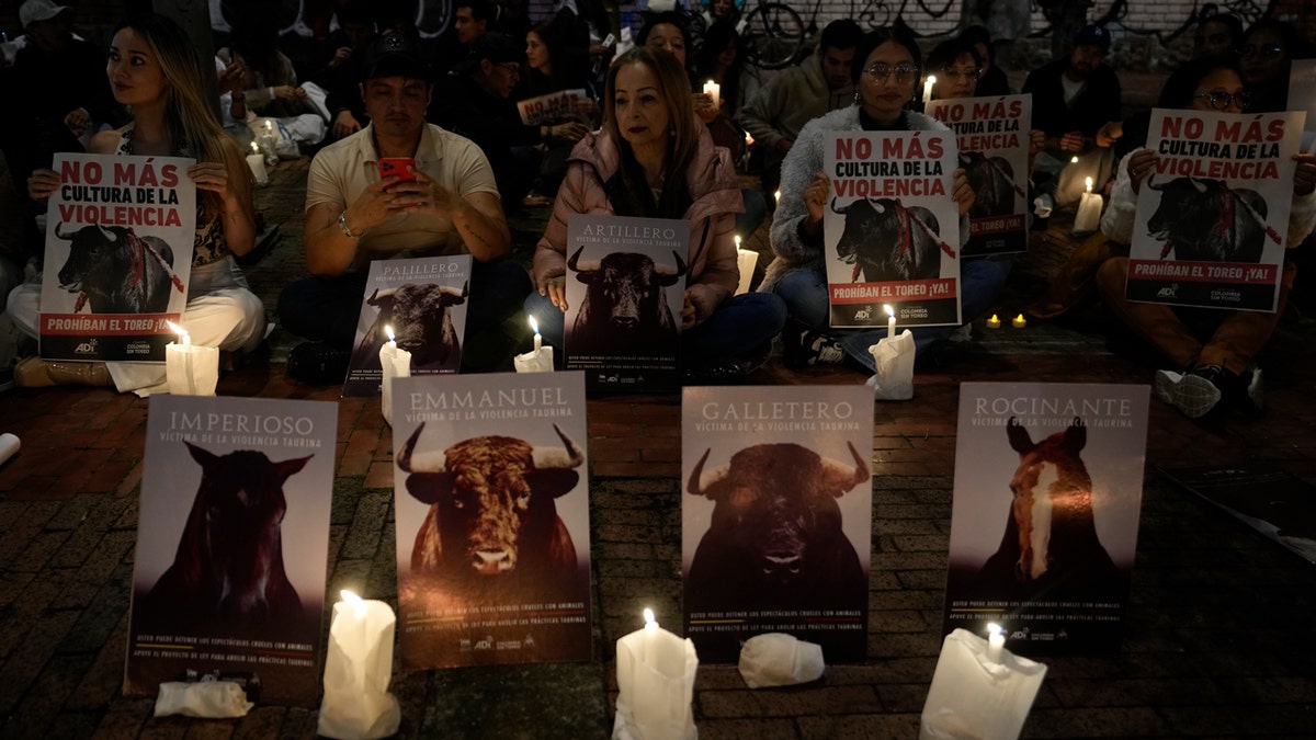 Demonstrators take part in a vigil holding posters with messages that read in Spanish: "No more culture of violence" during a protest against bullfighting.