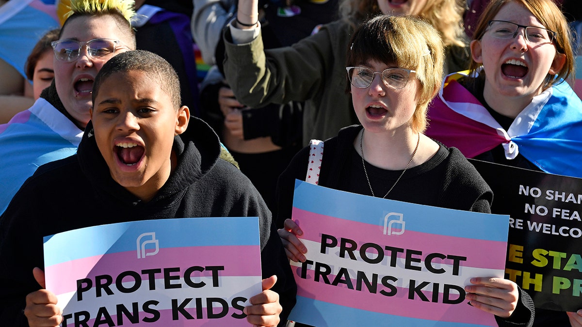 People protesting with "protect trans kids" signs