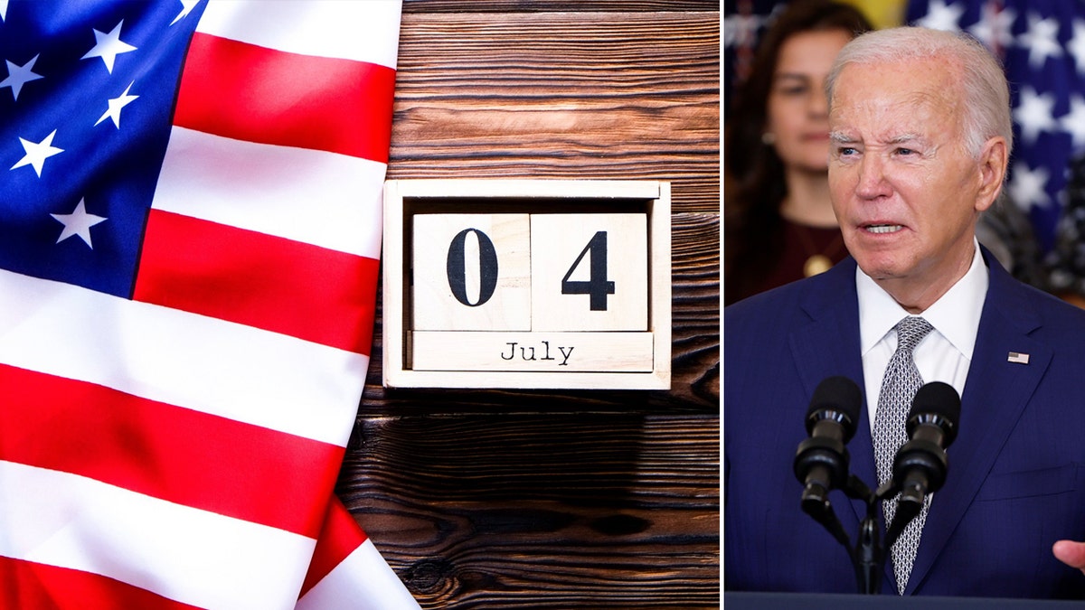 US flag with 04 July block on left; President Biden right