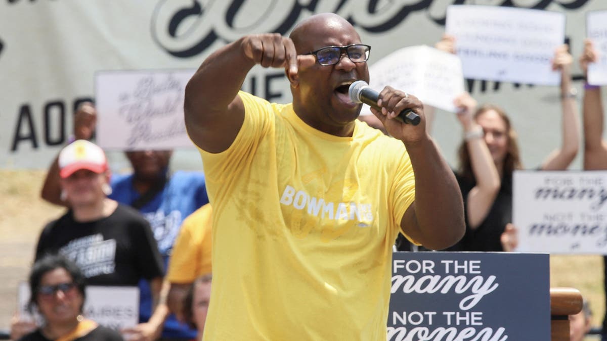 Representative Jamaal Bowman (D-NY) speaks to the crowd while he campaigns in the Bronx borough of New York City, on June 22, 2024. REUTERS/Joy Malone