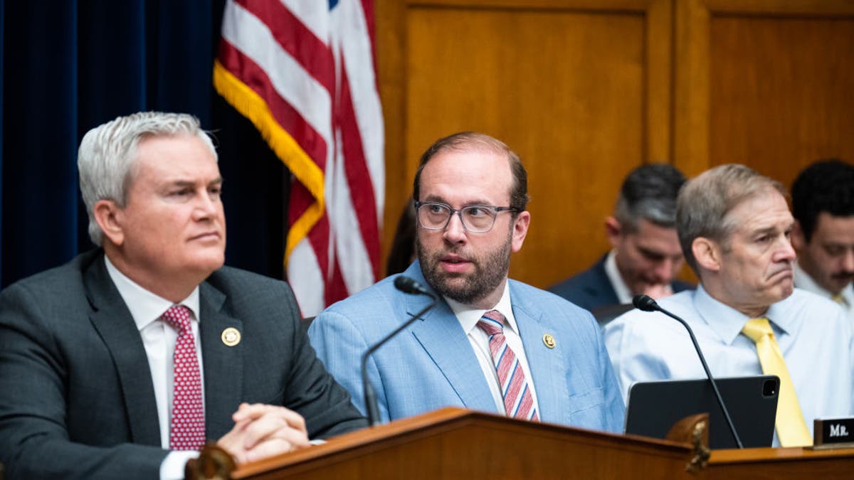 From left, Chairmen James Comer, Jason Smith and Jim Jordan attend the House Oversight and Accountability Committee hearing titled "Influence Peddling: Examining Joe Biden's Abuse of Public Office," in the Rayburn Building on March 20, 2024. (Tom Williams/CQ-Roll Call, Inc via Getty Images)