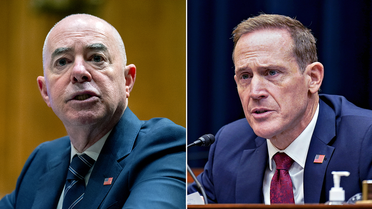 Split image of U.S. Secretary of Homeland Security Alejandro Mayorkas (L) and Sen. Ted Budd, R-NC., (R)