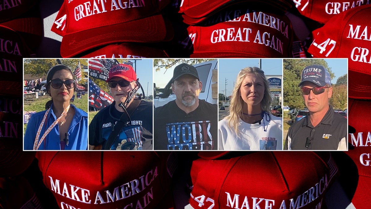 montage of Trump event attendees against red MAGA hat background