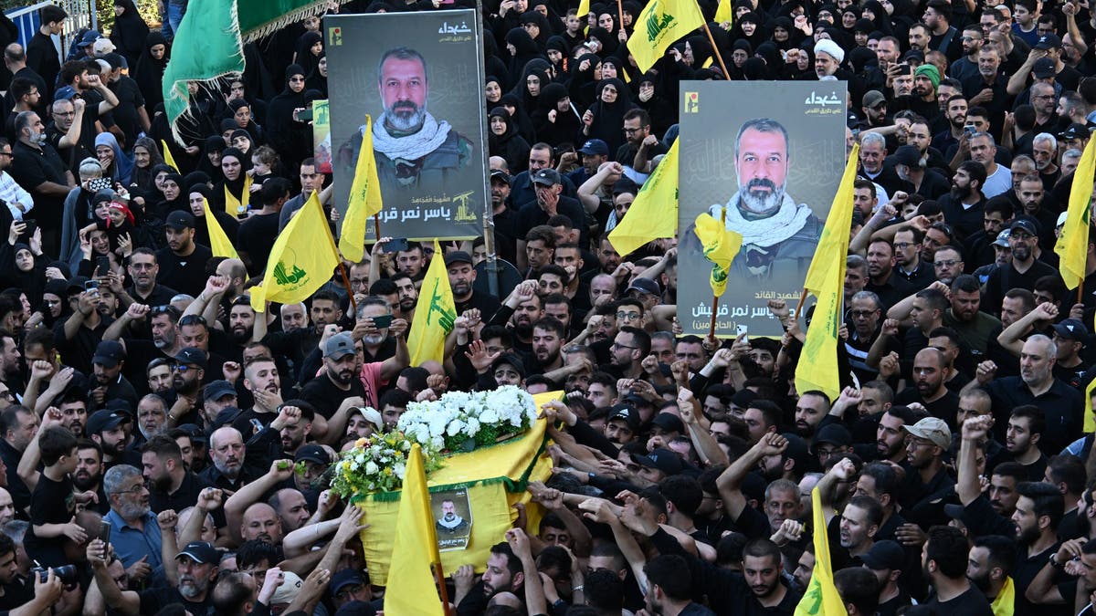 A funeral ceremony is held for Yasir Nemir Karnish, the former bodyguard of Hezbollah Secretary General Hassan Nasrallah, who was killed in clashes on the Israeli-Lebanese border in Beirut on July 10, 2024. Karnish's relatives and Hezbollah sympathizers attended the ceremony.