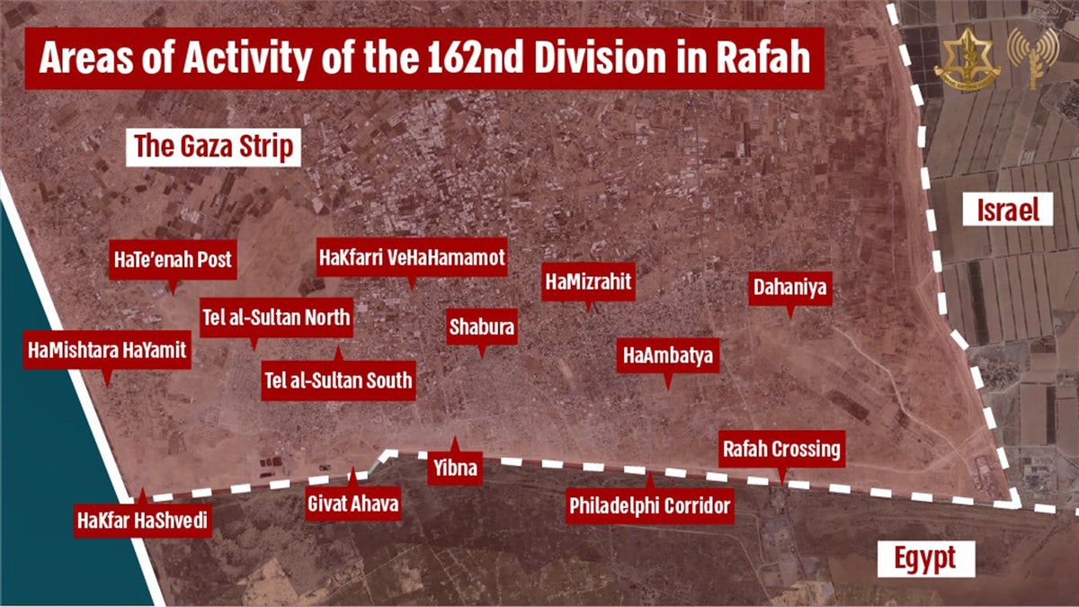 A map of Gaza provided by the Israeli Defense Force shows Hamas positions along the Philadelphi Corridor. 