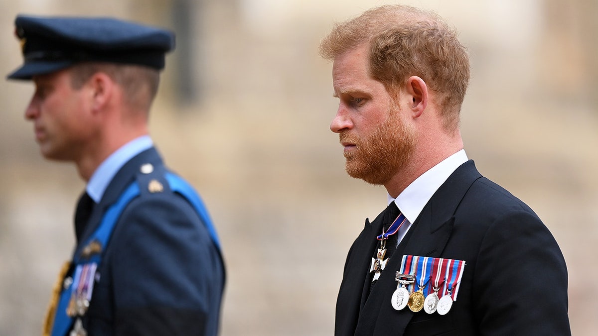 Prince Harry in a suit with medals walking behind Prince William in uniform.