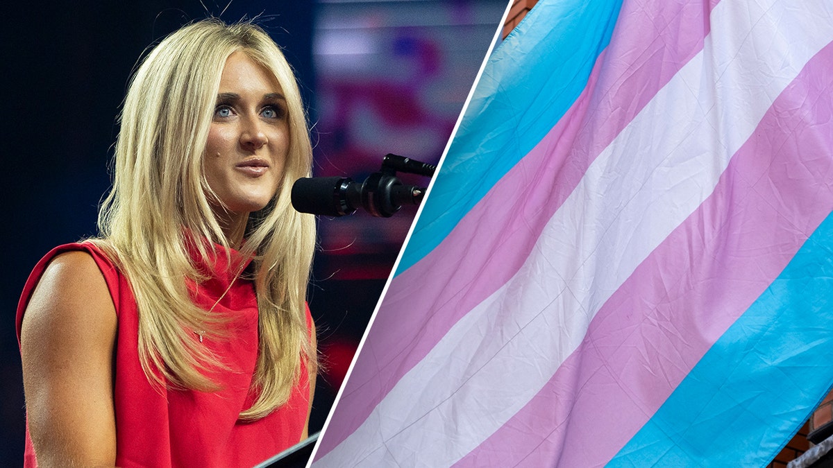 photo split: Riley Gaines and transgender flag split