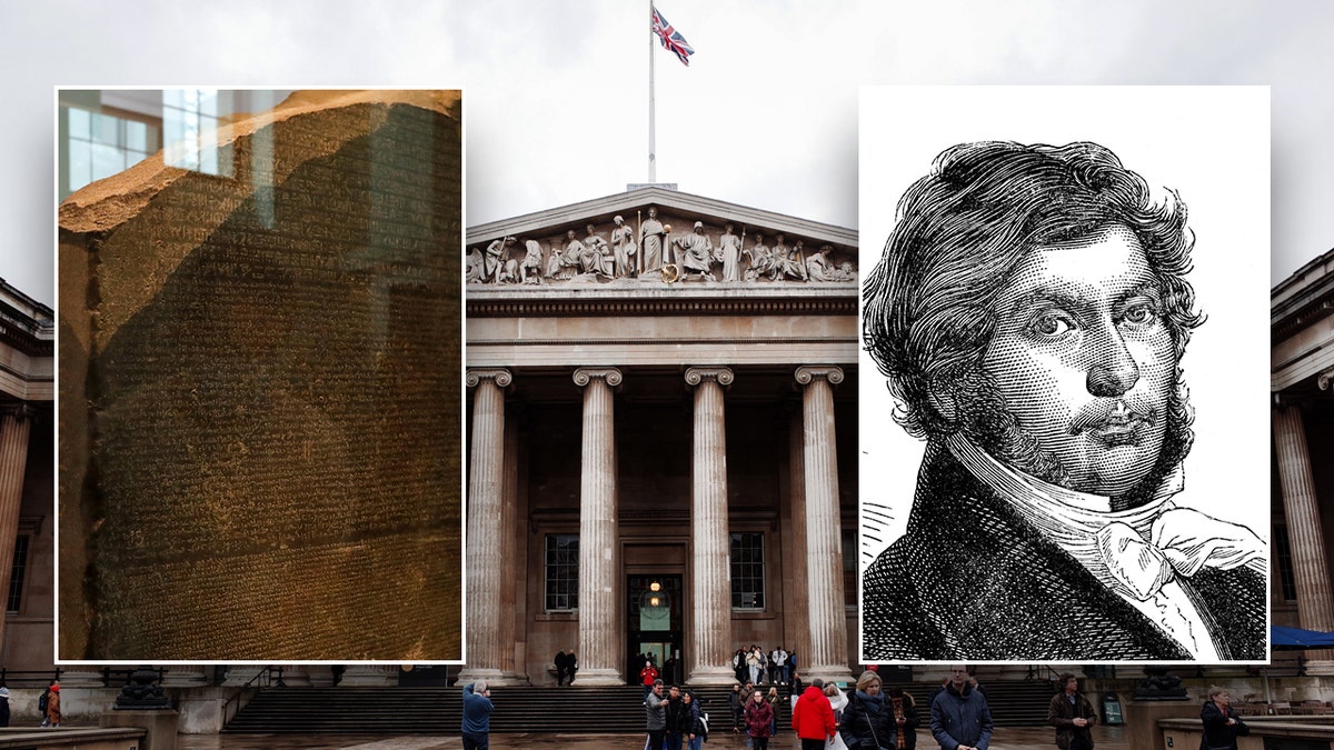 The Rosetta Stone on display and a photo of Jean Francois Champollion, with The British Museum in the background