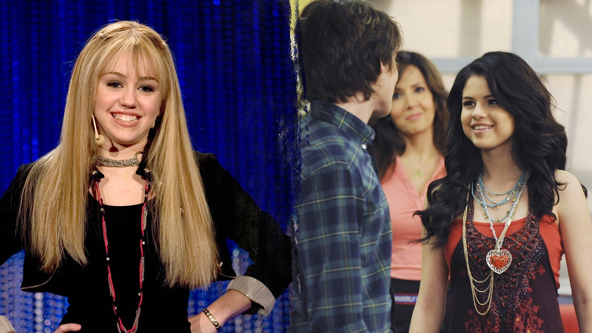 Miley Cyrus as Hannah Montana and Selena Gomez as Alex Russo