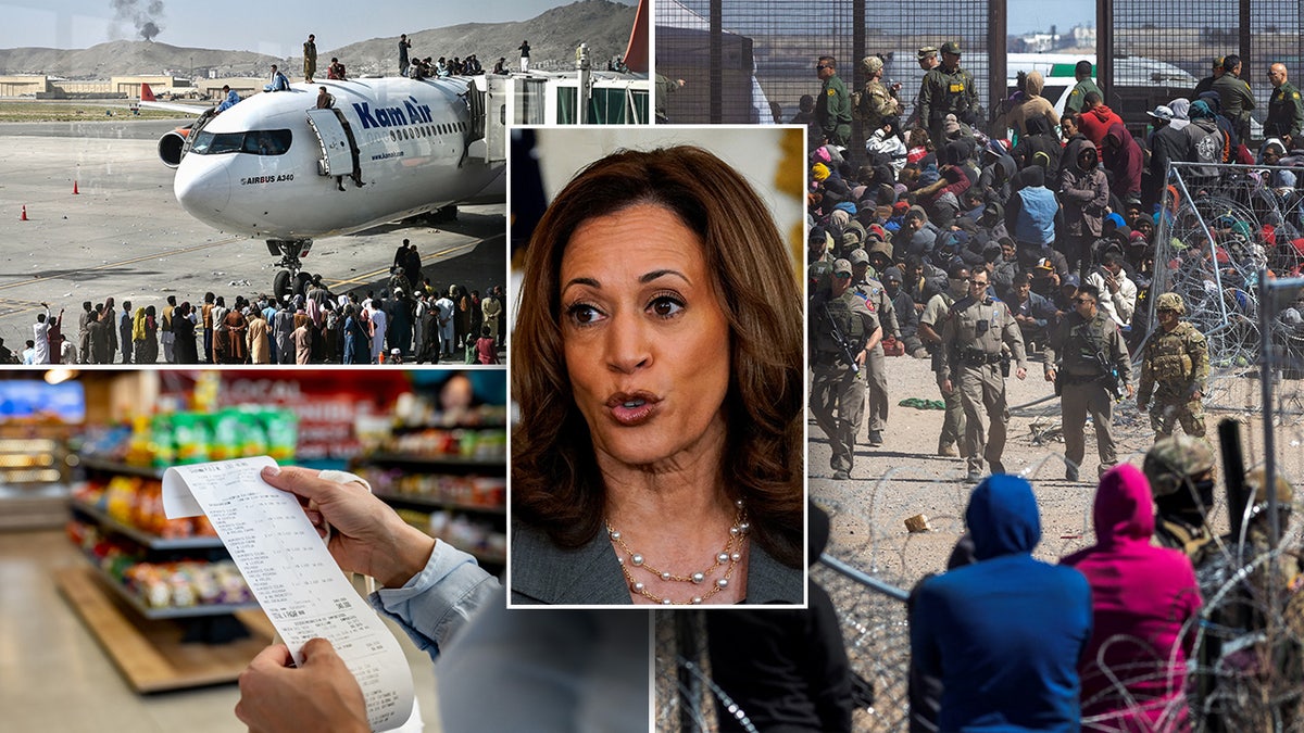 Kamala Harris center in collage with migrants, receipt at grocery store