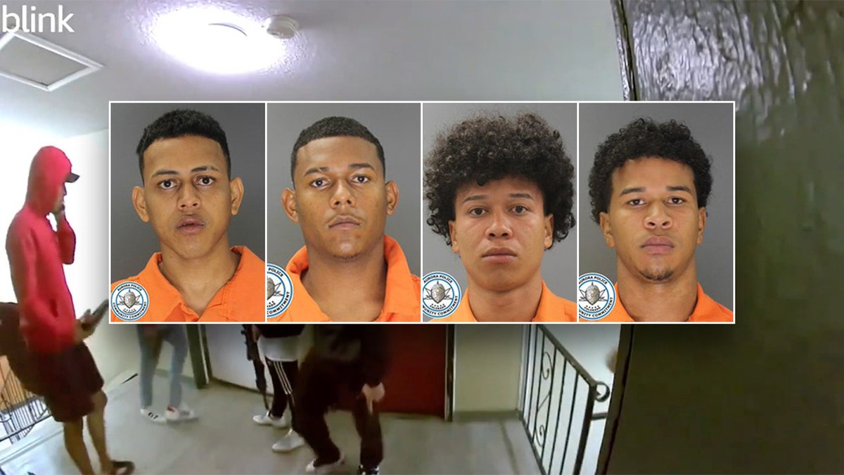 Four mugshots of Tren de Aragua gang members, insets, surveillance footage from the Romero's apartment in Aurora, background