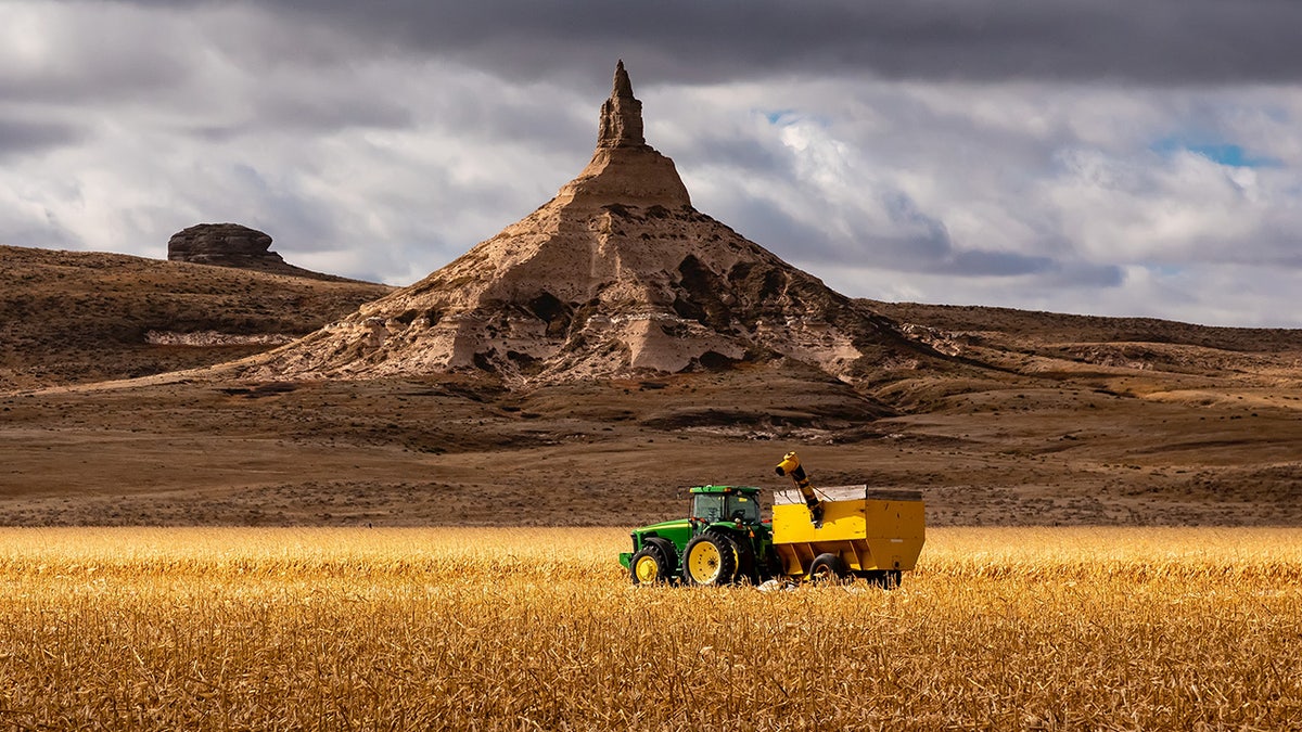 Tractor in cornfield at Scotts Bluff, Nebraska