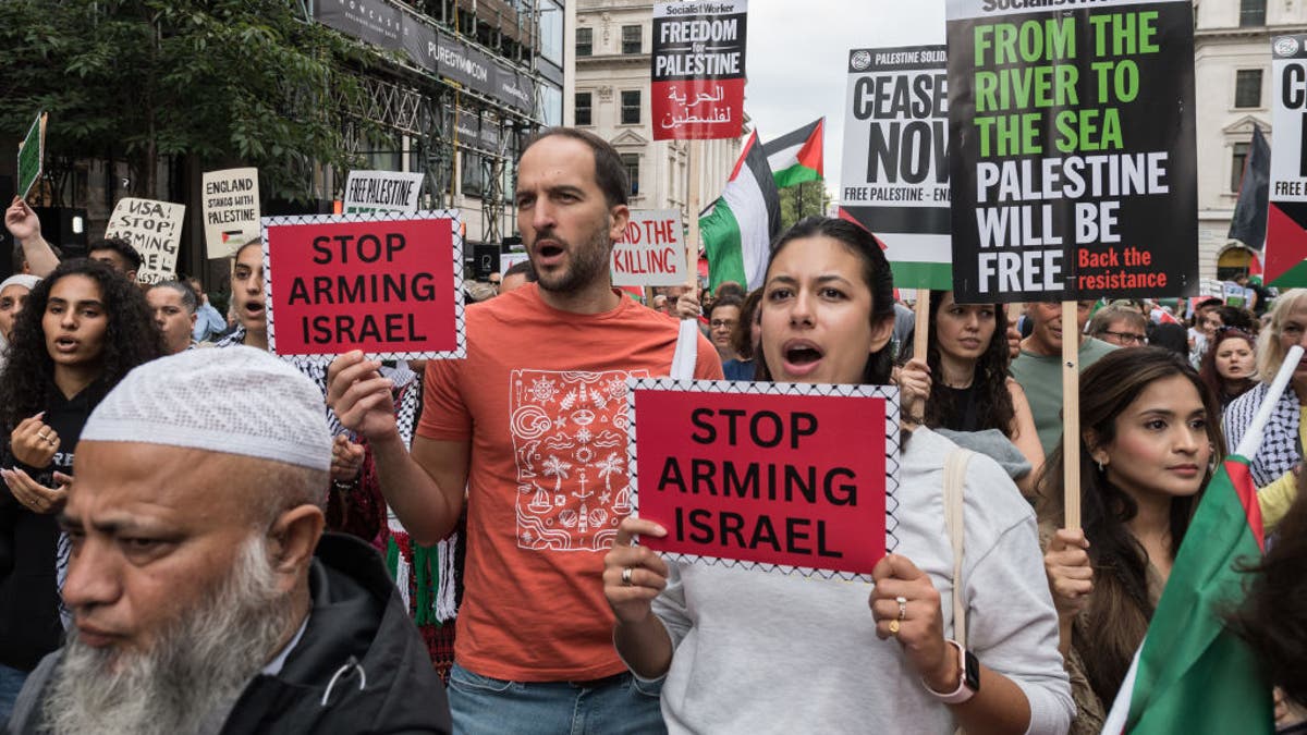 Anti-Israel protesters gather in central London for a march to the Israeli Embassy in London, United Kingdom on September 7, 2024. 