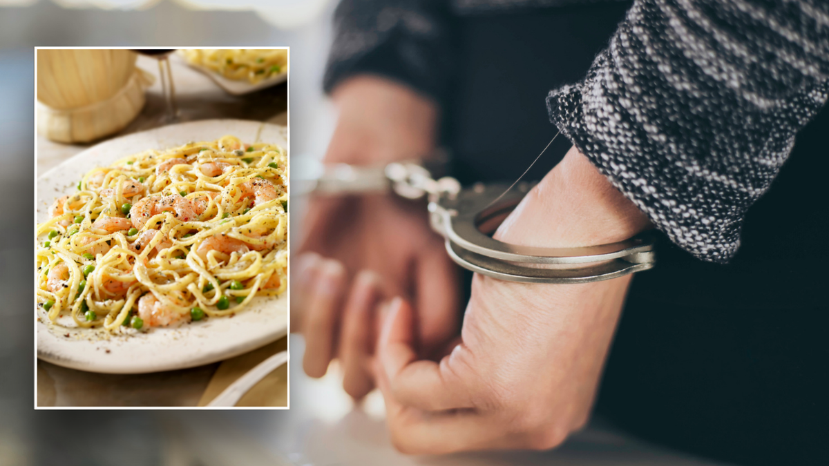 Split image of pasta, handcuffs