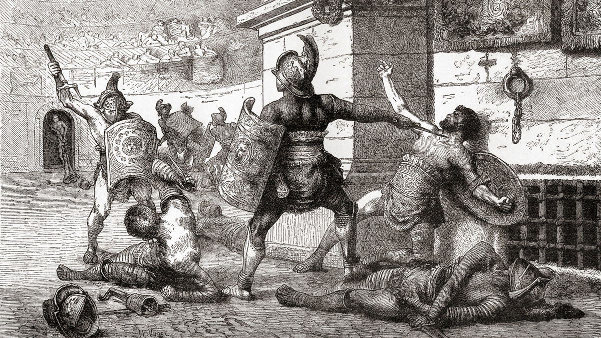 Ancient Roman gladiators in battle