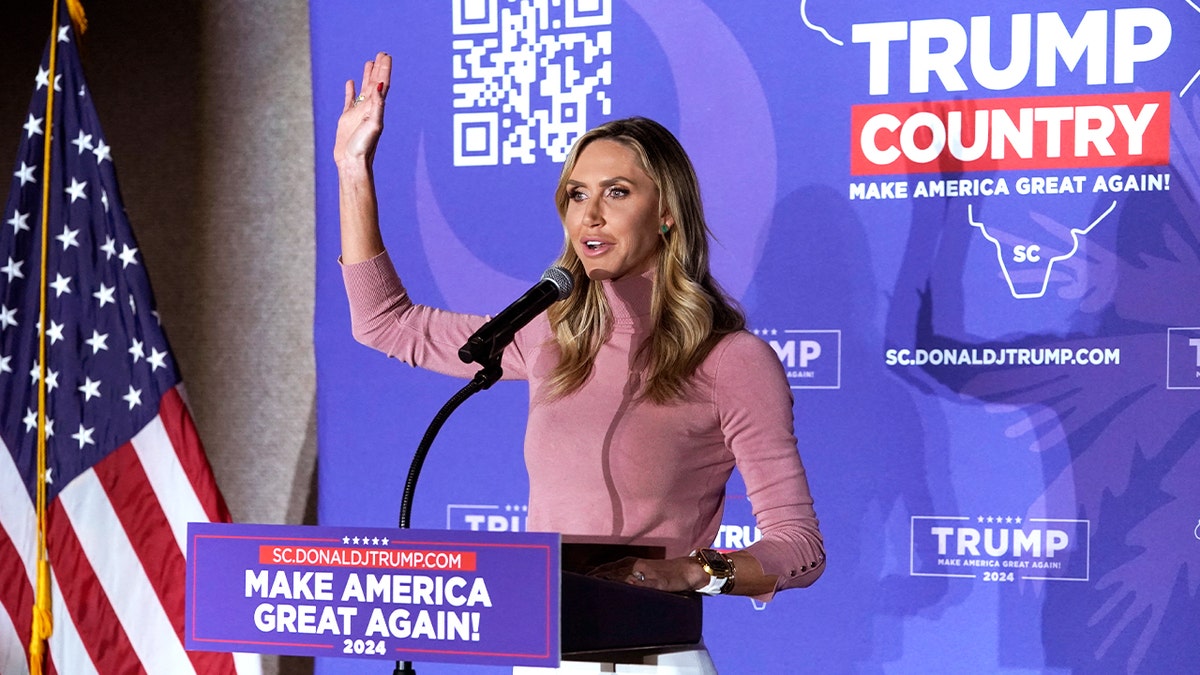 Lara Trump, daughter-in-law to former President and 2024 presidential hopeful Donald Trump, speaks at a VFW Hall in Beaufort, South Carolina, on Feb. 21, 2024. 