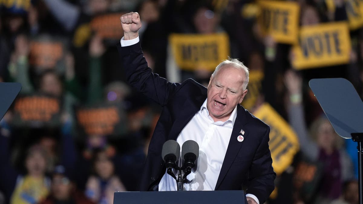 Democratic vice presidential nominee Minnesota Gov. Tim Walz speaks during a campaign rally at Burns Park in Ann Arbor, Michigan, on Monday, Oct. 28, 2024.