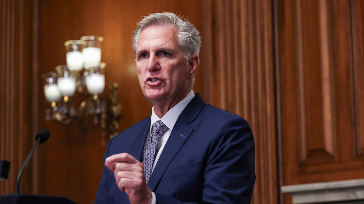 Then-Rep. Kevin McCarthy, a Republican from California, speaks during a news conference at the U.S. Capitol in Washington, D.C., on Monday, Oct. 9, 2023.