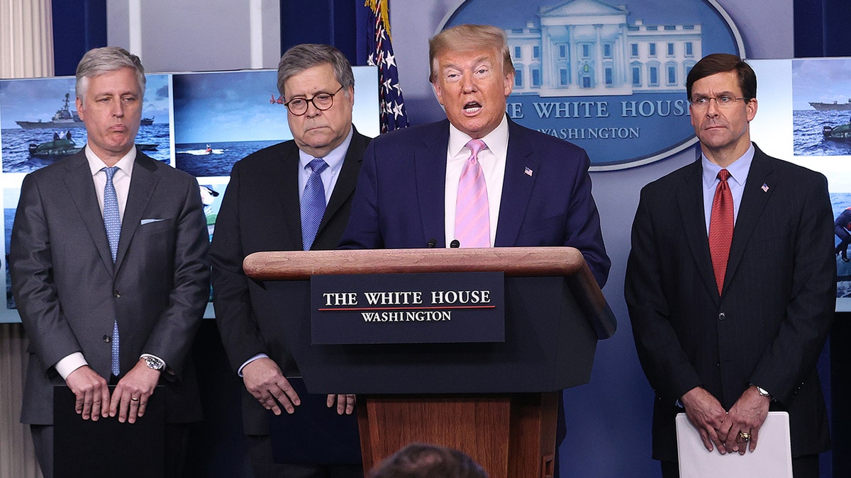 President Trump speaks at meeting of WH coronavirus task force alongside National Security Adviser Robert O'Brien, Attorney General William Barr and Defense Secretary Mark Esper