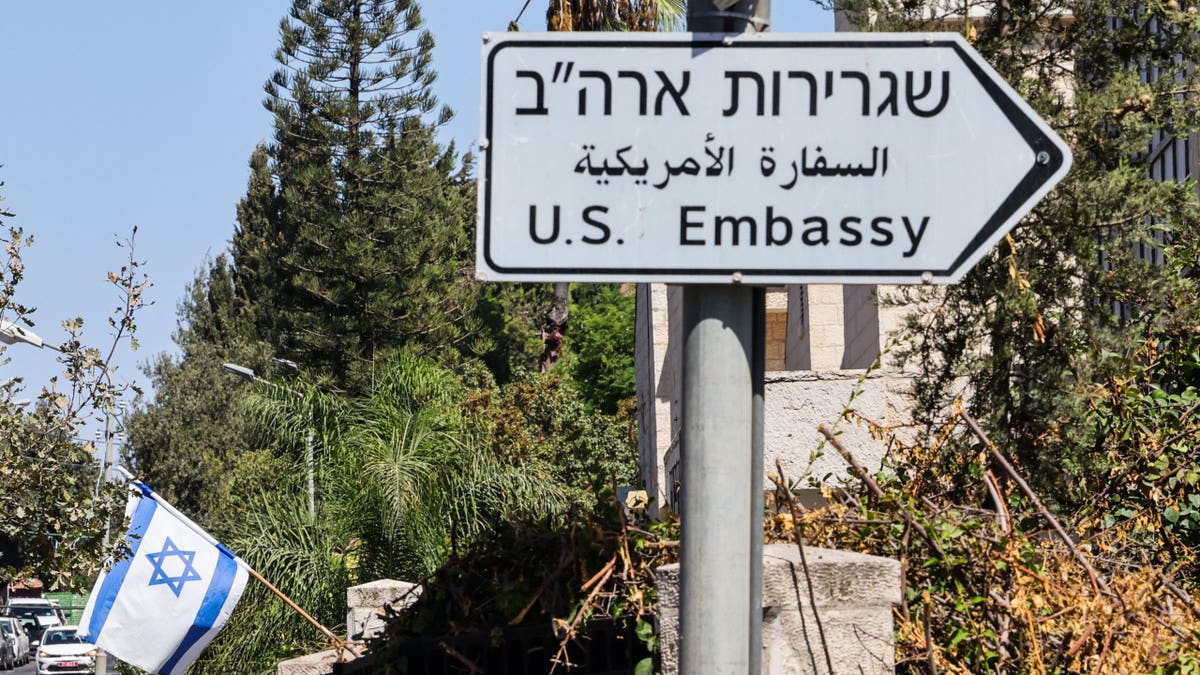 A sign points the way to the U.S. Embassy in Jerusalem on Sept. 27, 2023.