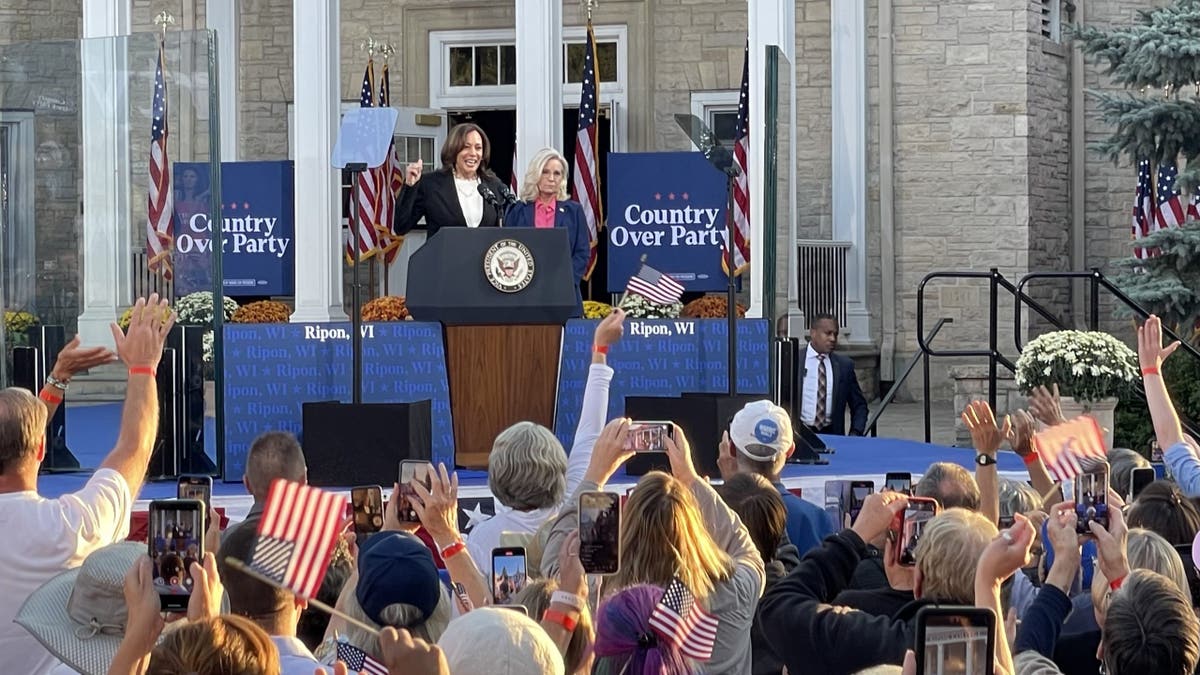 Vice President Harris, the Democrat presidential nominee, campaigns with former GOP Rep. Liz Cheney in Ripon, Wis., the birthplace of the GOP, at an event on Oct. 3, 2024.