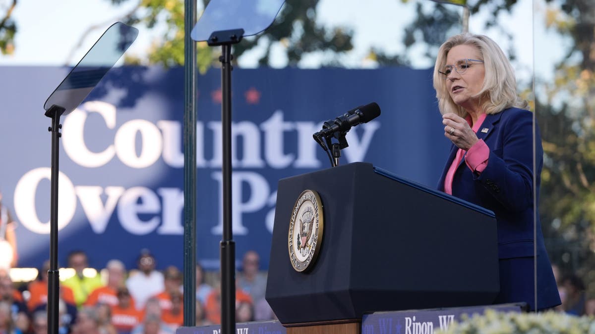 Former Rep. Liz Cheney, R-Wyo., speaks at a campaign event for Democrat presidential nominee Vice President Harris in Ripon, Wis., on Oct. 3, 2024.