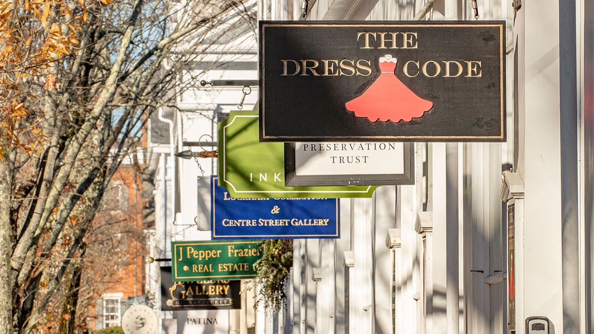 A line of storefronts in Nantucket's Downtown Historic District.