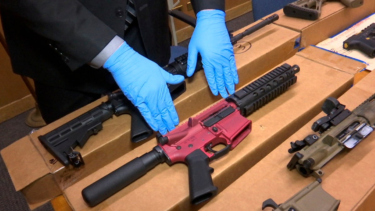 Ghost guns are displayed at the headquarters of the San Francisco Police Department, in San Francisco, Nov. 27, 2019. 