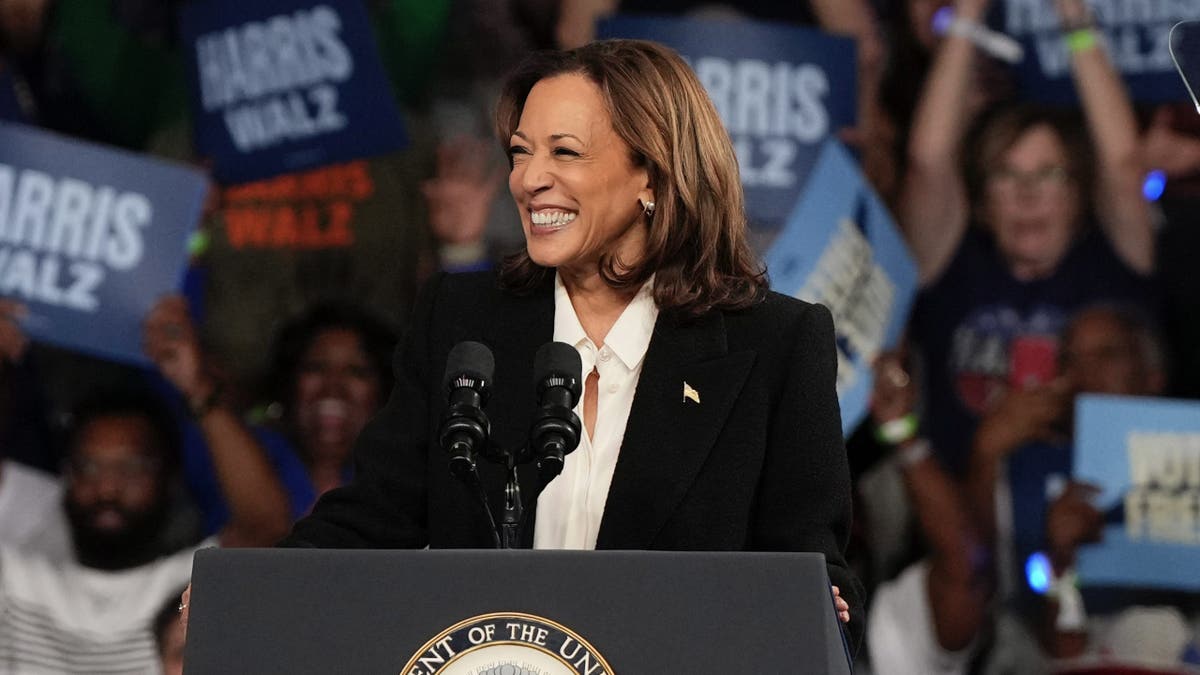 Democratic presidential nominee Vice President Kamala Harris speaks during a campaign event at East Carolina University on Sunday, Oct. 13, 2024 in Greenville, North Carolina.