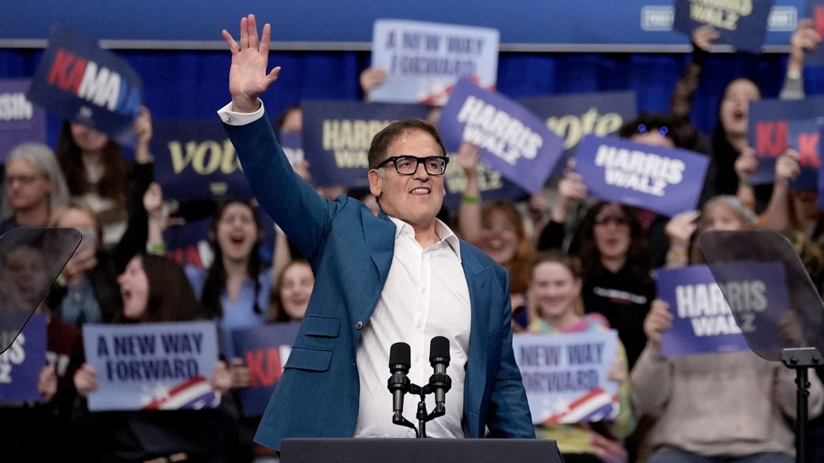 Mark Cuban speaks at a campaign rally for Democratic presidential nominee Vice President Kamala Harris at the University of Wisconsin La Crosse, in La Crosse, Wis., Thursday, Oct. 17, 2024.