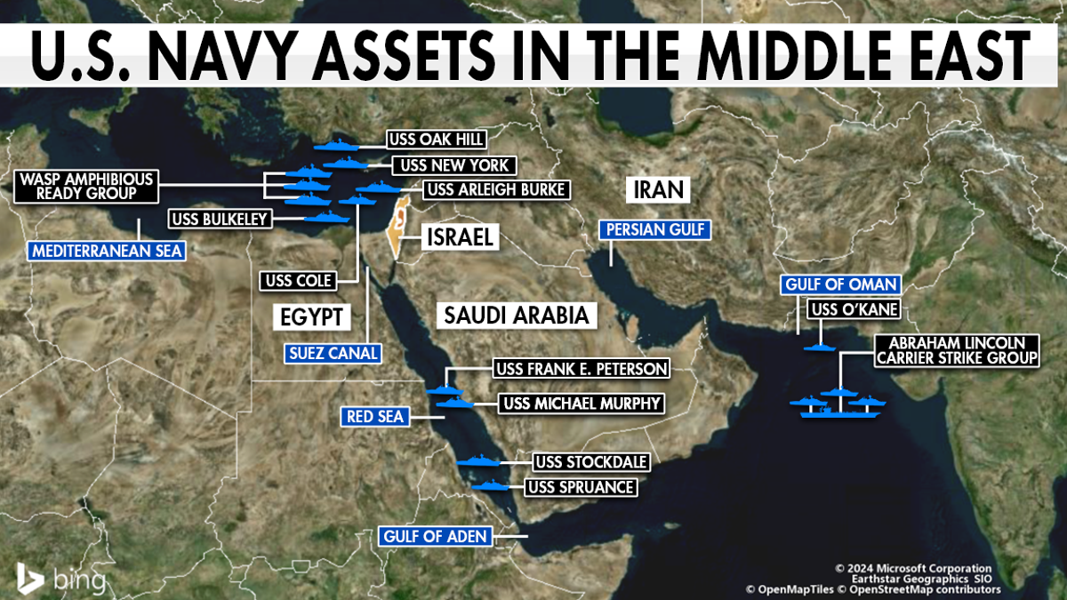 A map showing the positions of U.S. Navy assets in the Middle East.