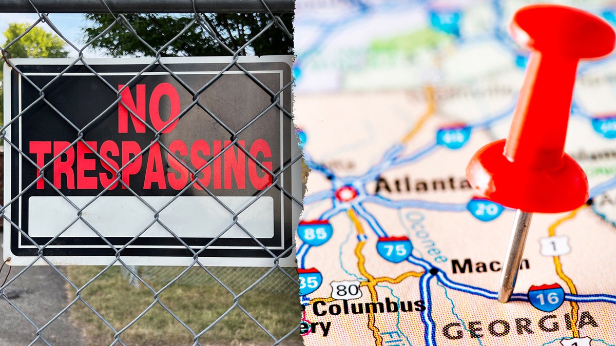 "No trespassing" sign on left and a pin marking Georgia on a map on the right