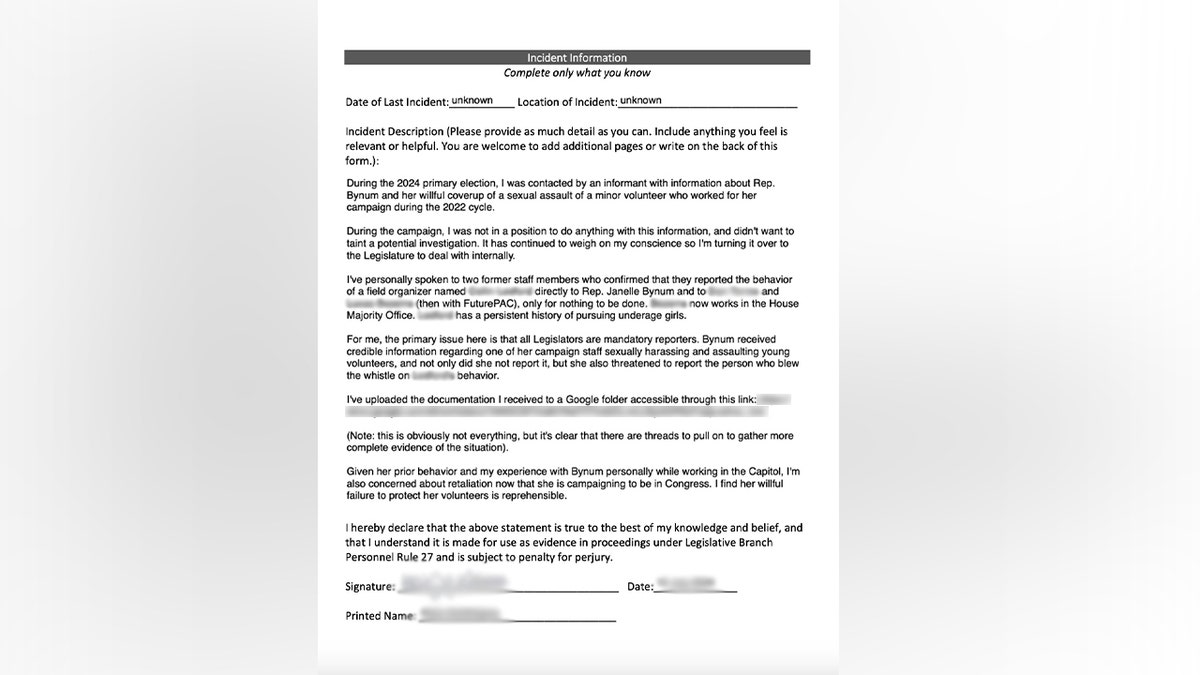 The July 2024 complaint accuses Janelle Bynum of a "willful coverup of a sexual assault of a minor volunteer who worked for her during the 2022 cycle."