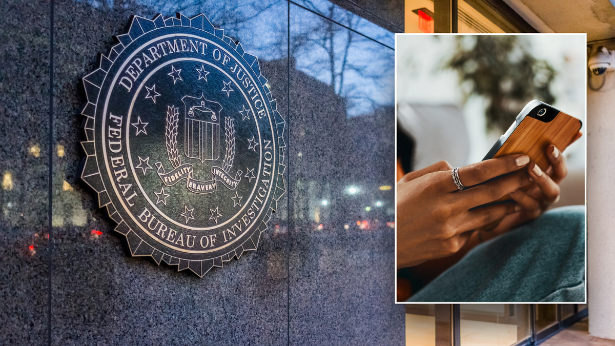 Split image of FBI logo, woman texting