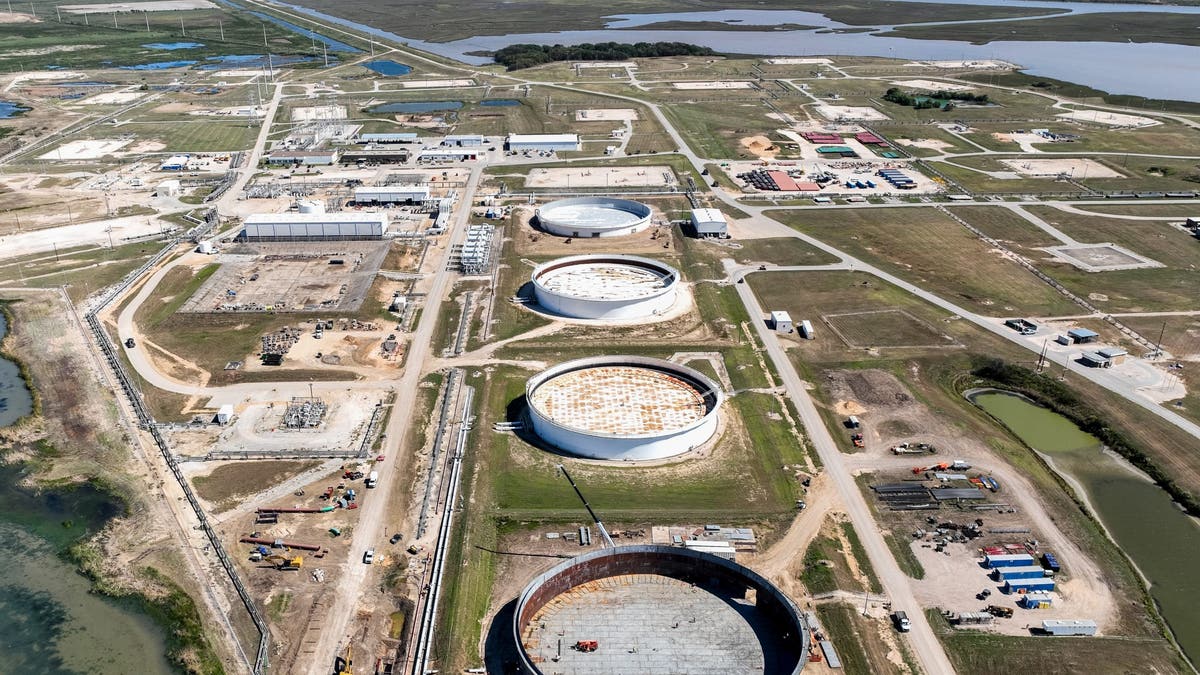 In an aerial view, the Strategic Petroleum Reserve storage at the Bryan Mound site is seen on Oct. 19, 2022 in Freeport, Texas.