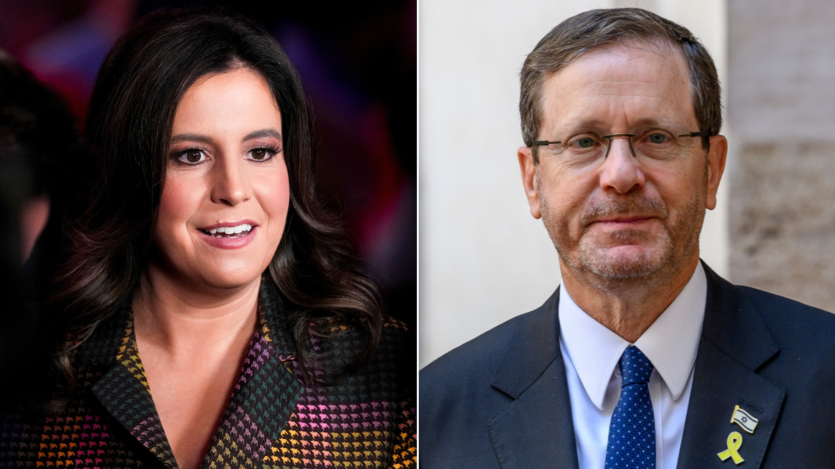 Newly appointed US Ambassador to the United Nations Elise Stefanik, left, and Israeli President Isaac Herzog, right