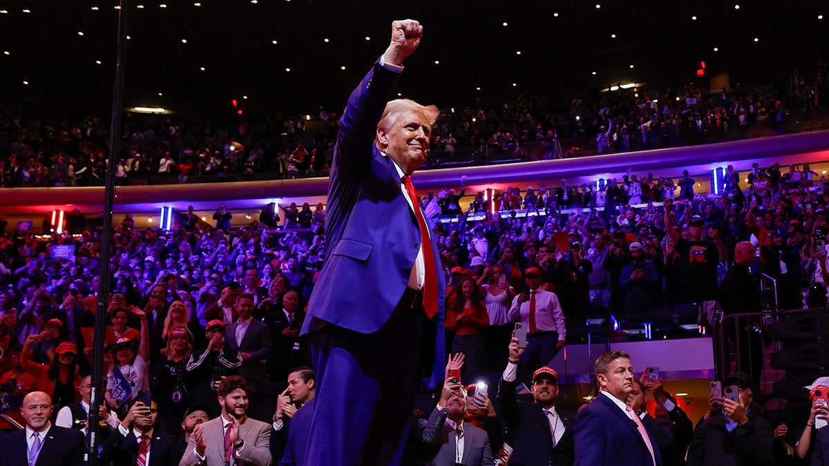 Republican presidential nominee, former U.S. President Donald Trump waves goodbye after a campaign rally at Madison Square Garden