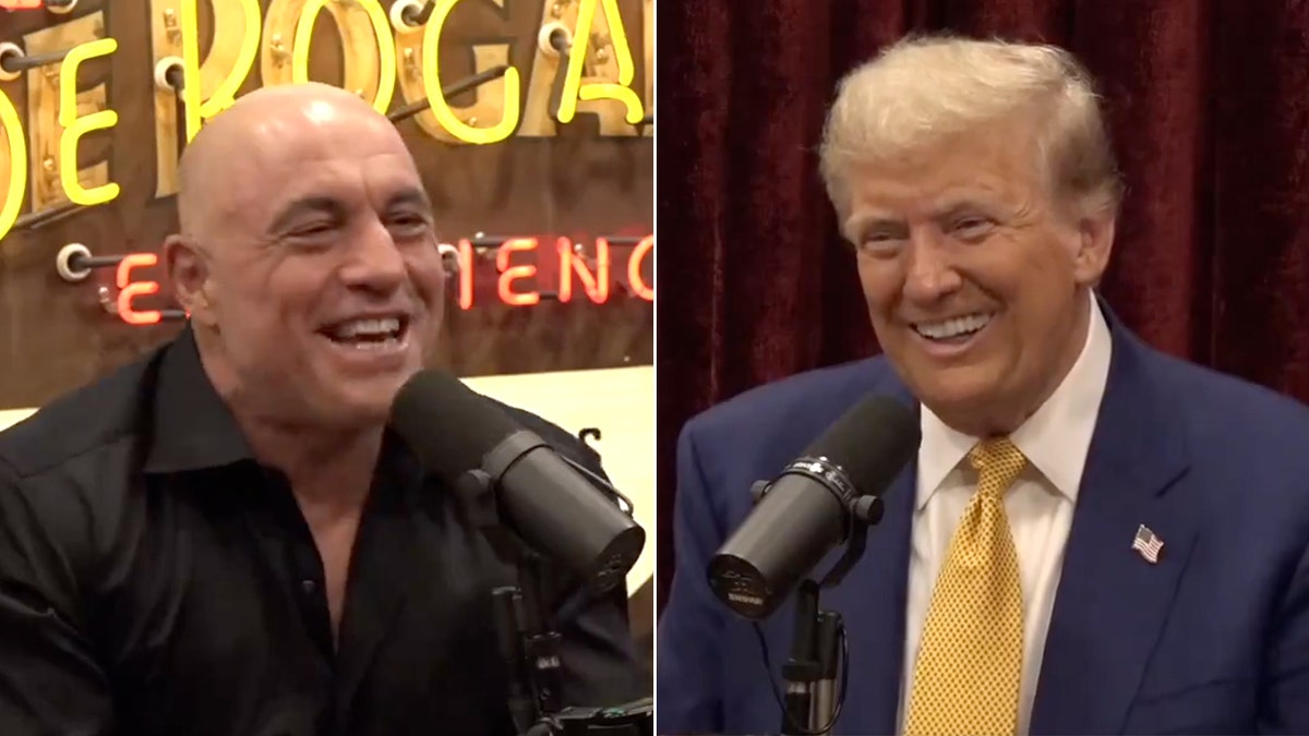 left-right split of Joe Rogan and Donald Trump, both laughing