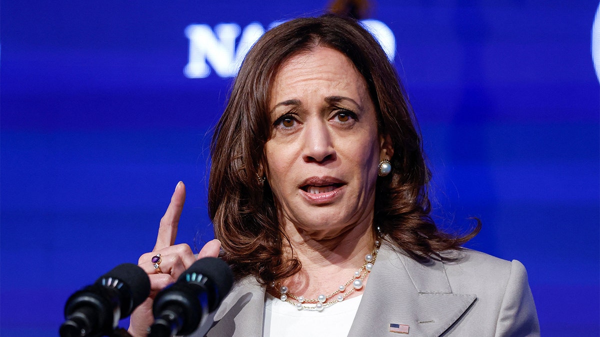 Kamala Harris speaks, closeup shot