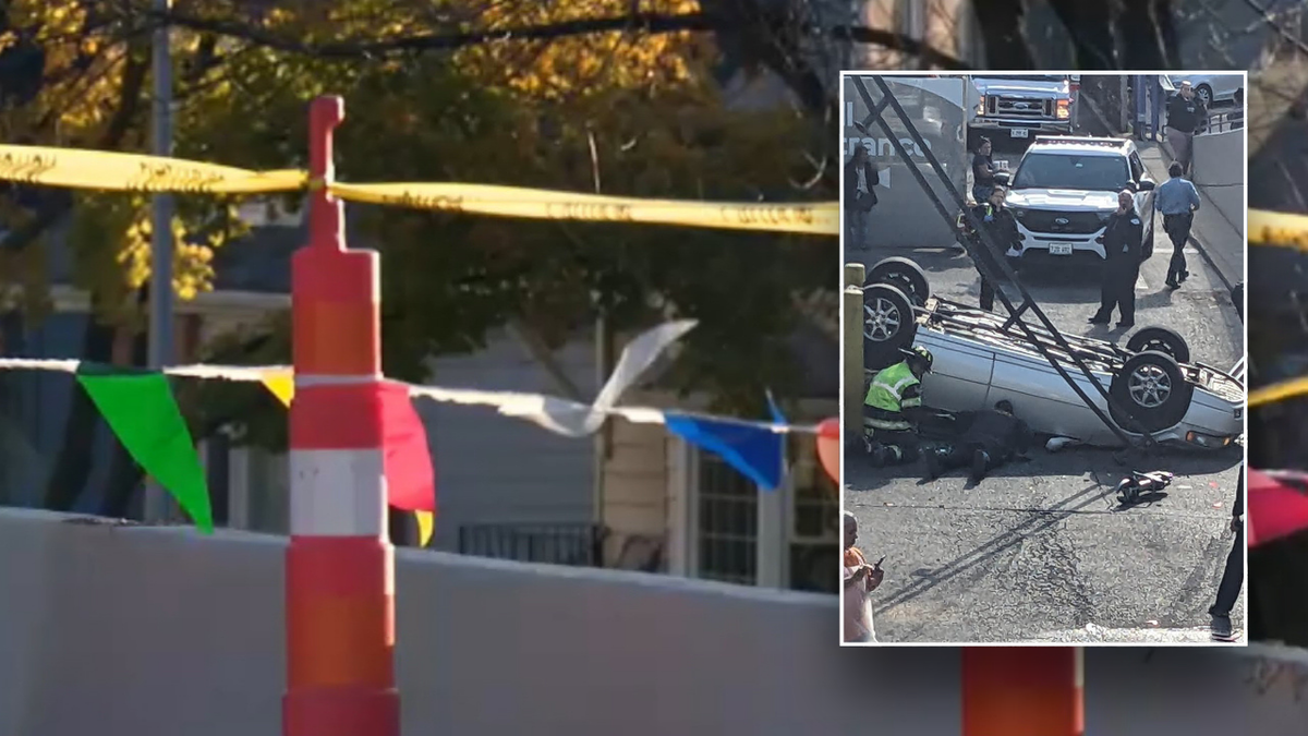 Split image of yellow tape, upside-down car