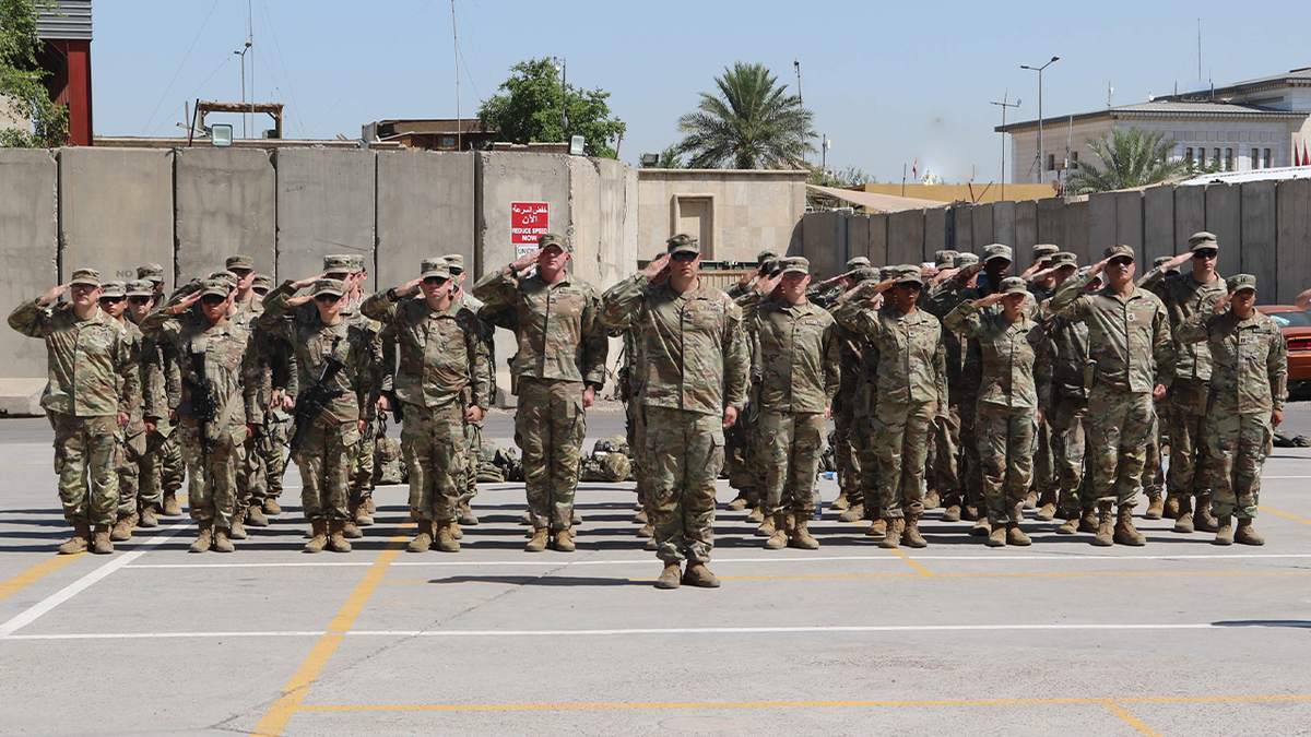 U.S. troops are shown at a Memorial Day ceremony at Union III in Baghdad on May 27, 2024.