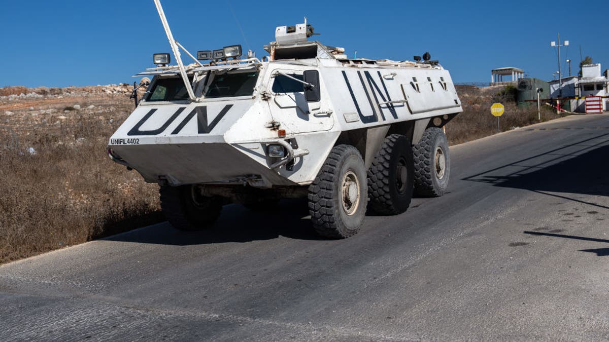 MARJAYOUN, LEBANON - OCTOBER 5: A UNIFIL (United Nations Interim Force In Lebanon) armoured personnel carrier departs a base to patrol near the Lebanon-  Israel border on October 5, 2024 in Marjayoun, Lebanon. Israel continued airstrikes on Beirut and its southern suburbs as its military announced a ground offensive in Lebanon, part of what it said would be a "limited" incursion to target Hezbollah forces. Photo: Carl Court/Getty Images