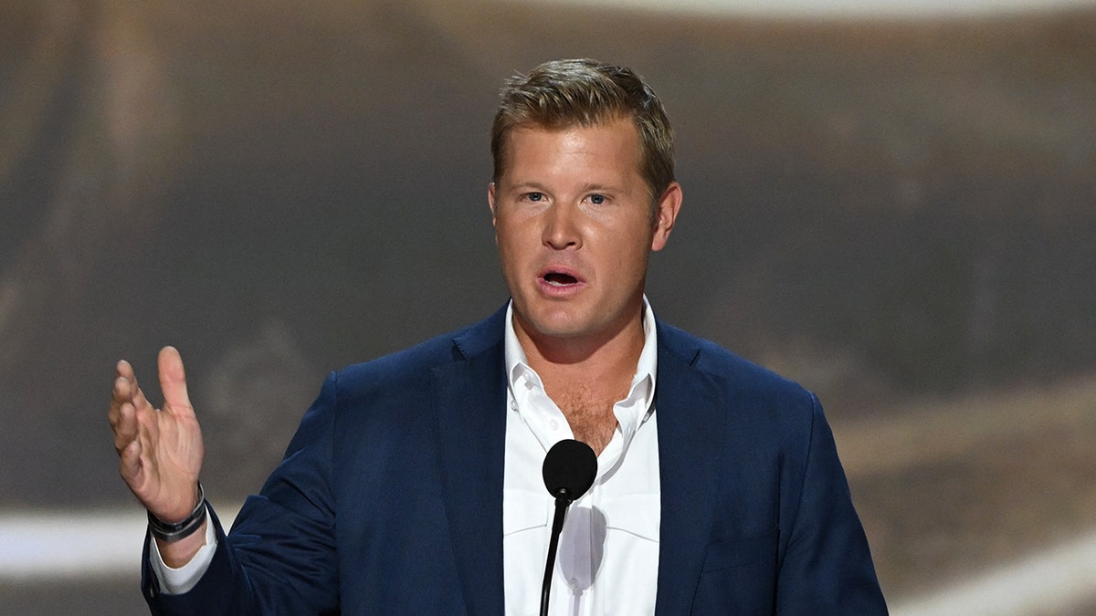 U.S. Senate candidate from Montana Tim Sheehy speaks during the Republican National Convention in Milwaukee on July 16, 2024.