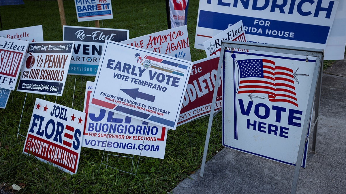 voting and campaign signs clustered together