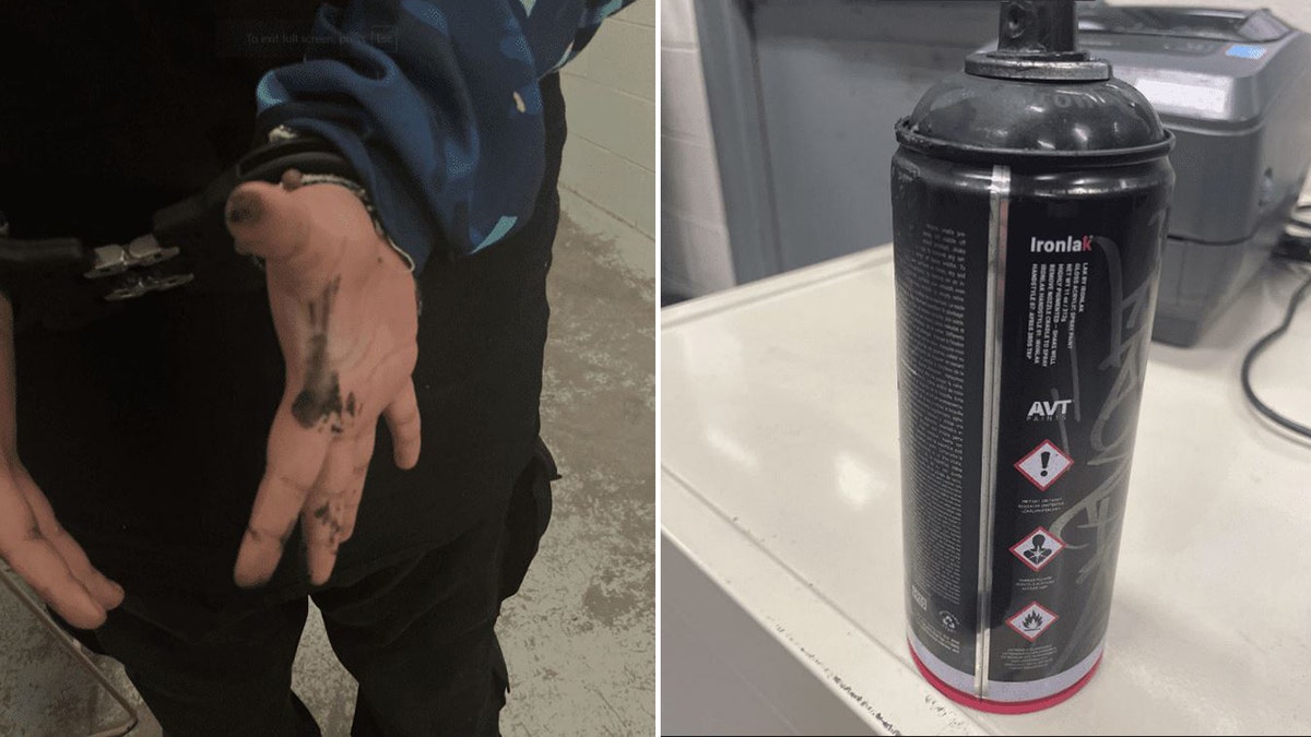 suspect's hands with black paint and black spray paint bottle