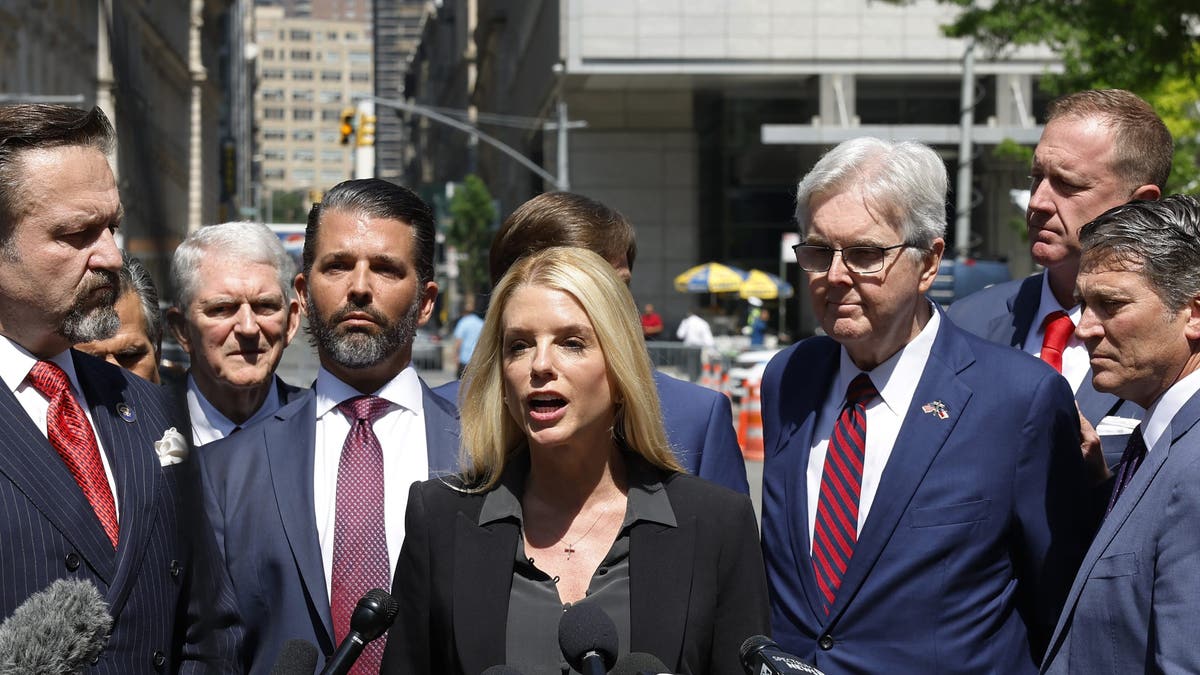 Former Florida Attorney General Pam Bondi speaks during a press conference while on a break from President-elect Trump's hush money trial outside Manhattan Criminal Court in New York City on May 21.