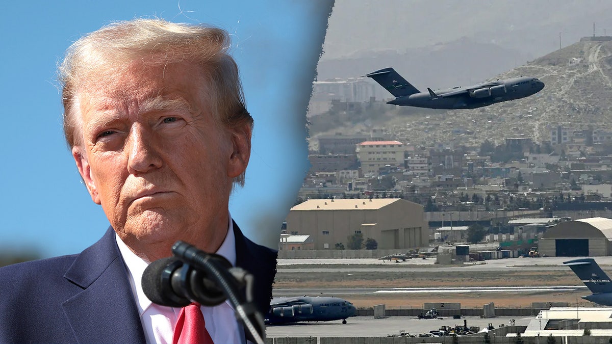 A split image of Donald Trump and a US military plane taking off from Kabul